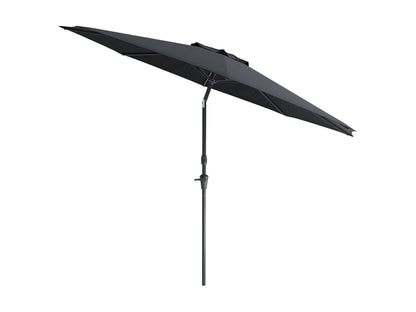 10ft black patio umbrella with wind-resistant design, durable canopy, and sturdy pole for outdoor use.