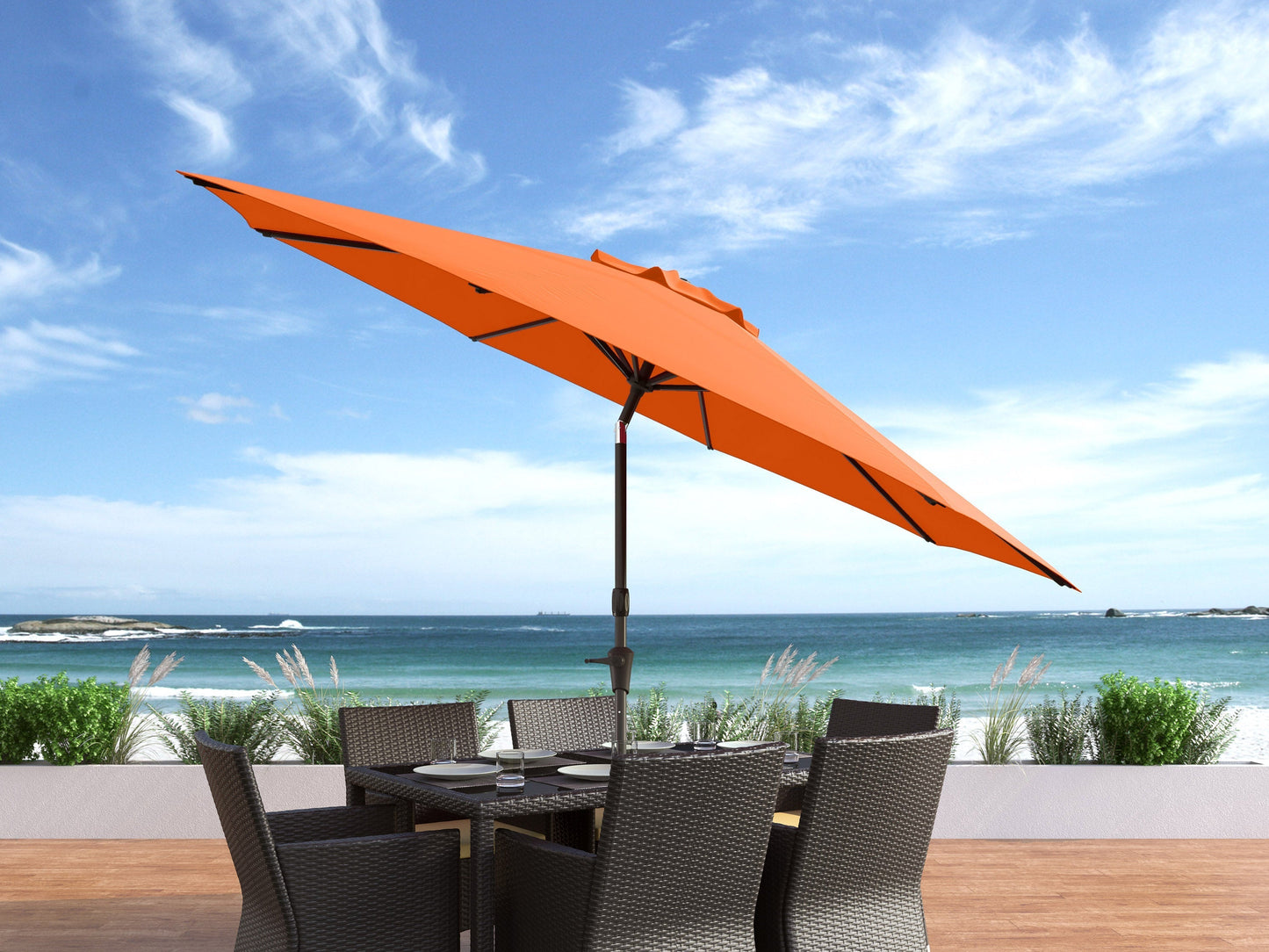 Orange 10ft patio umbrella with wind-resistant design, sturdy pole, and UV protection for outdoor spaces.