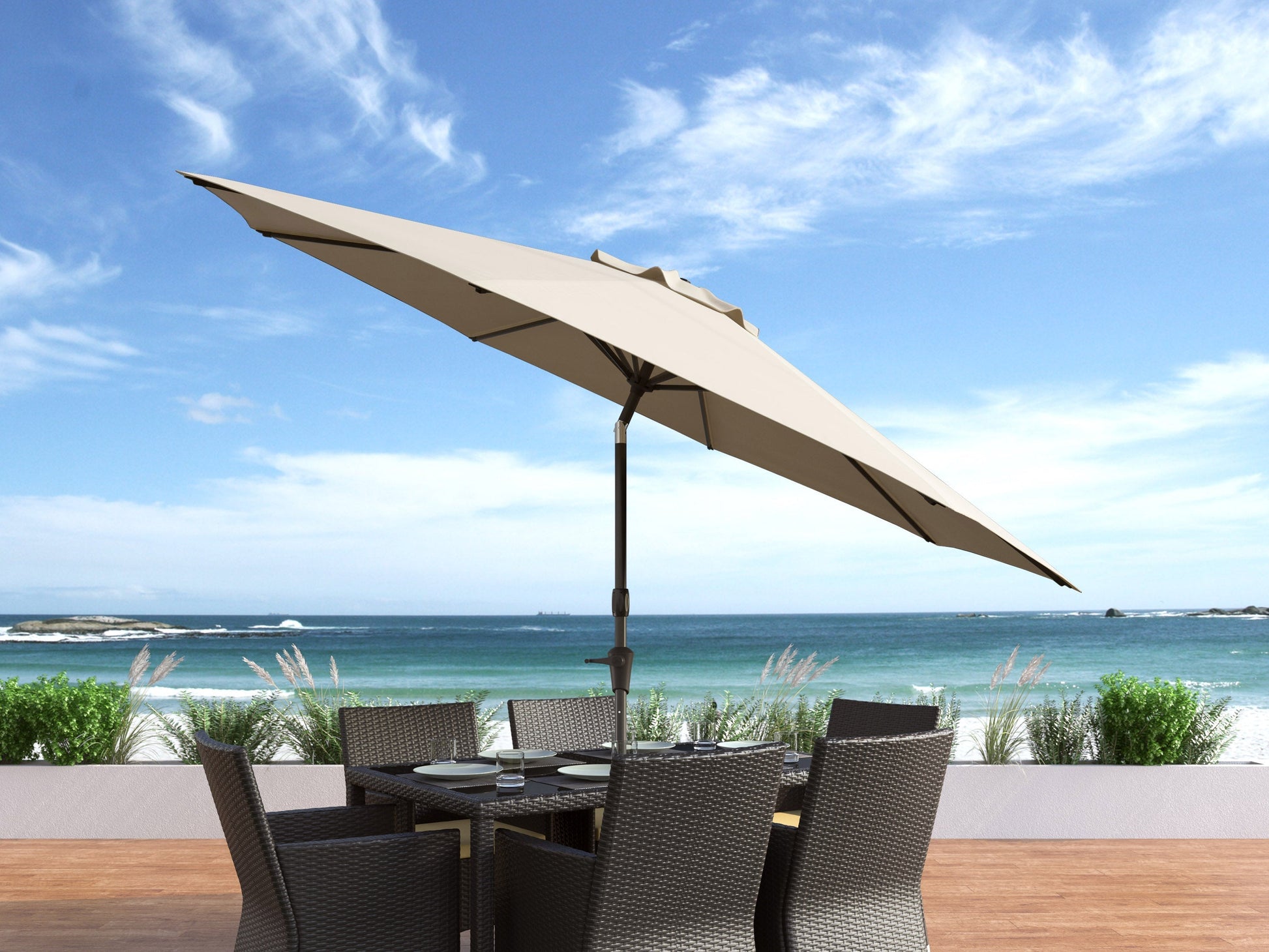 10ft warm white patio umbrella with wind-resistant design and sturdy aluminum frame.