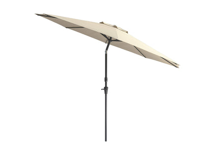 10ft warm white patio umbrella, wind resistant, with sturdy aluminum pole and durable fabric canopy.