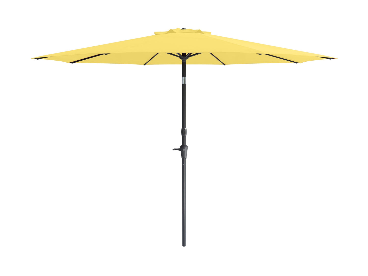 Bright yellow 10ft patio umbrella, wind-resistant design, sturdy metal pole, perfect for outdoor seating areas.