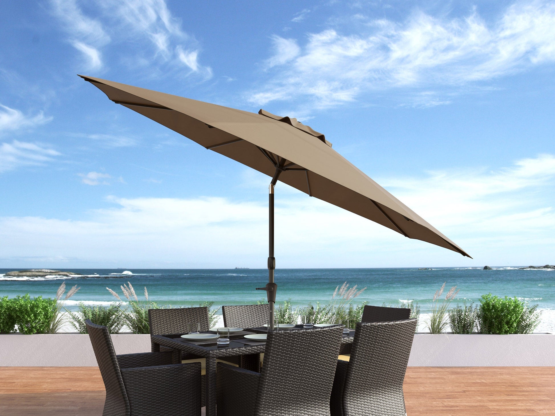 10ft sandy brown patio umbrella with wind-resistant design, sturdy aluminum frame, and UV-protective canopy.