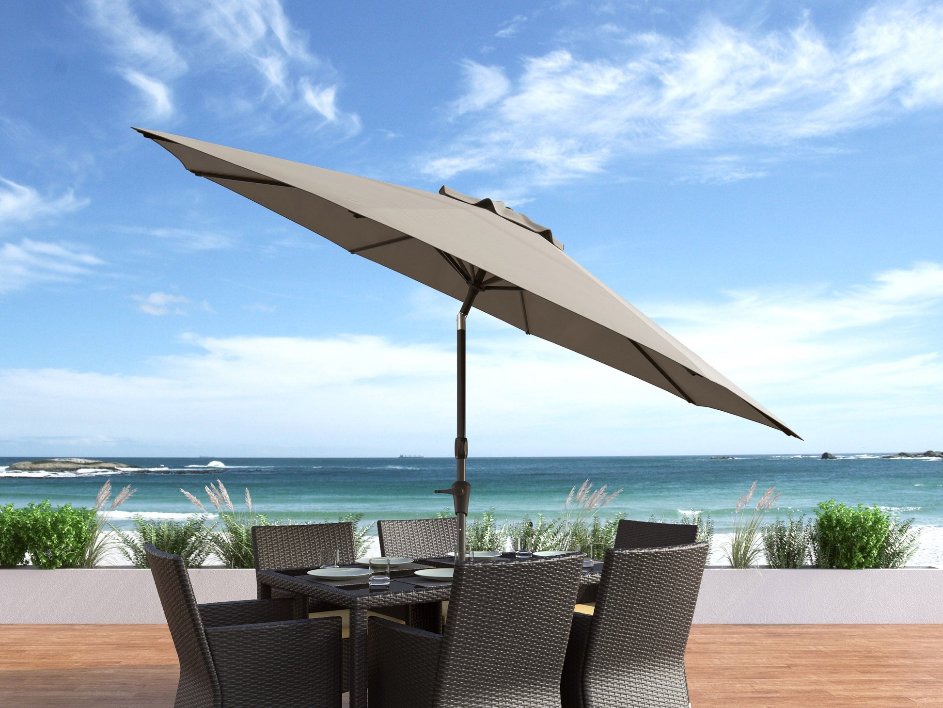 10ft wind-resistant patio umbrella in sandy grey with sturdy metal frame and easy crank lift system.