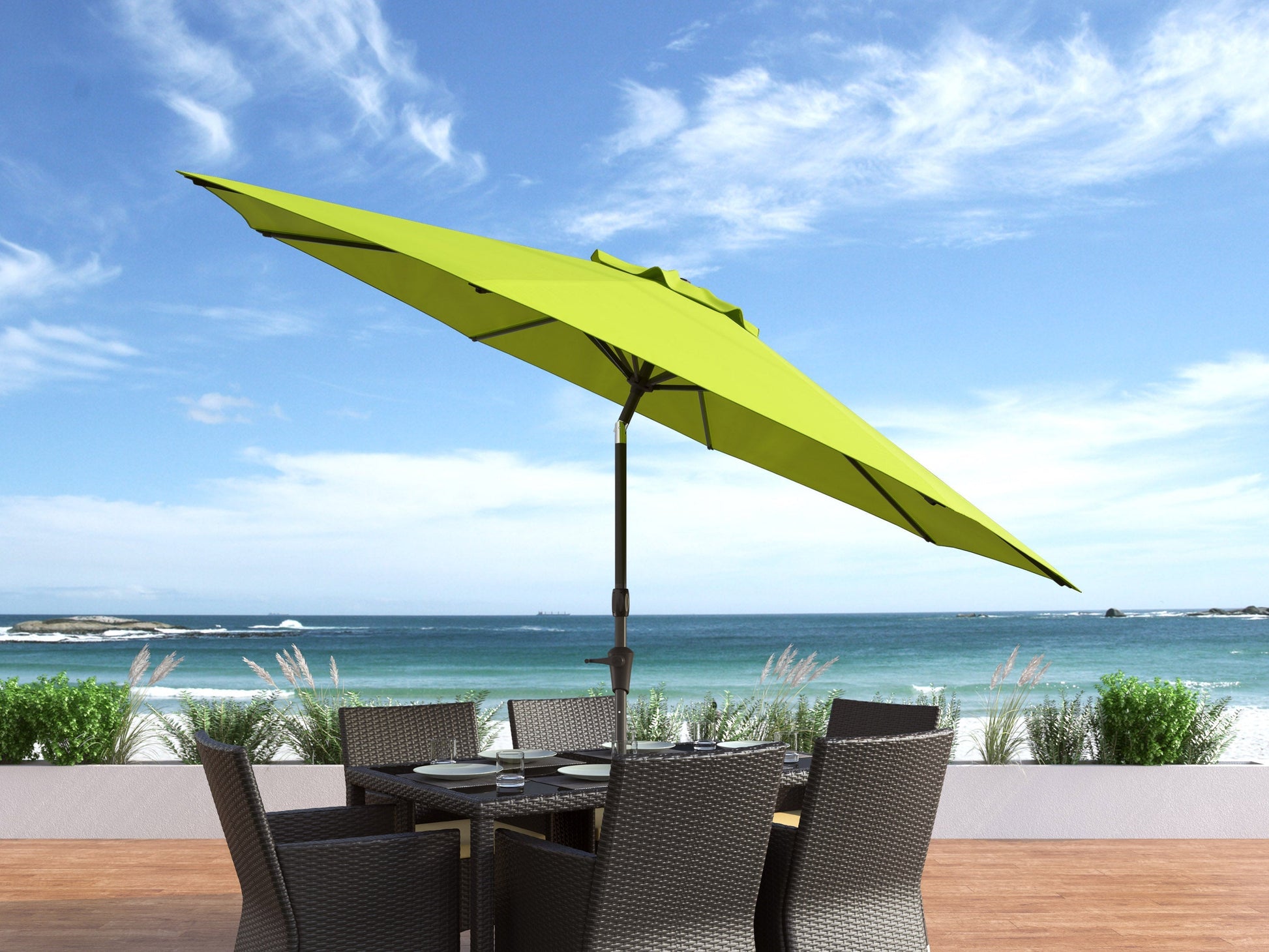 Lime green 10ft patio umbrella, wind-resistant with durable fabric and sturdy metal frame.