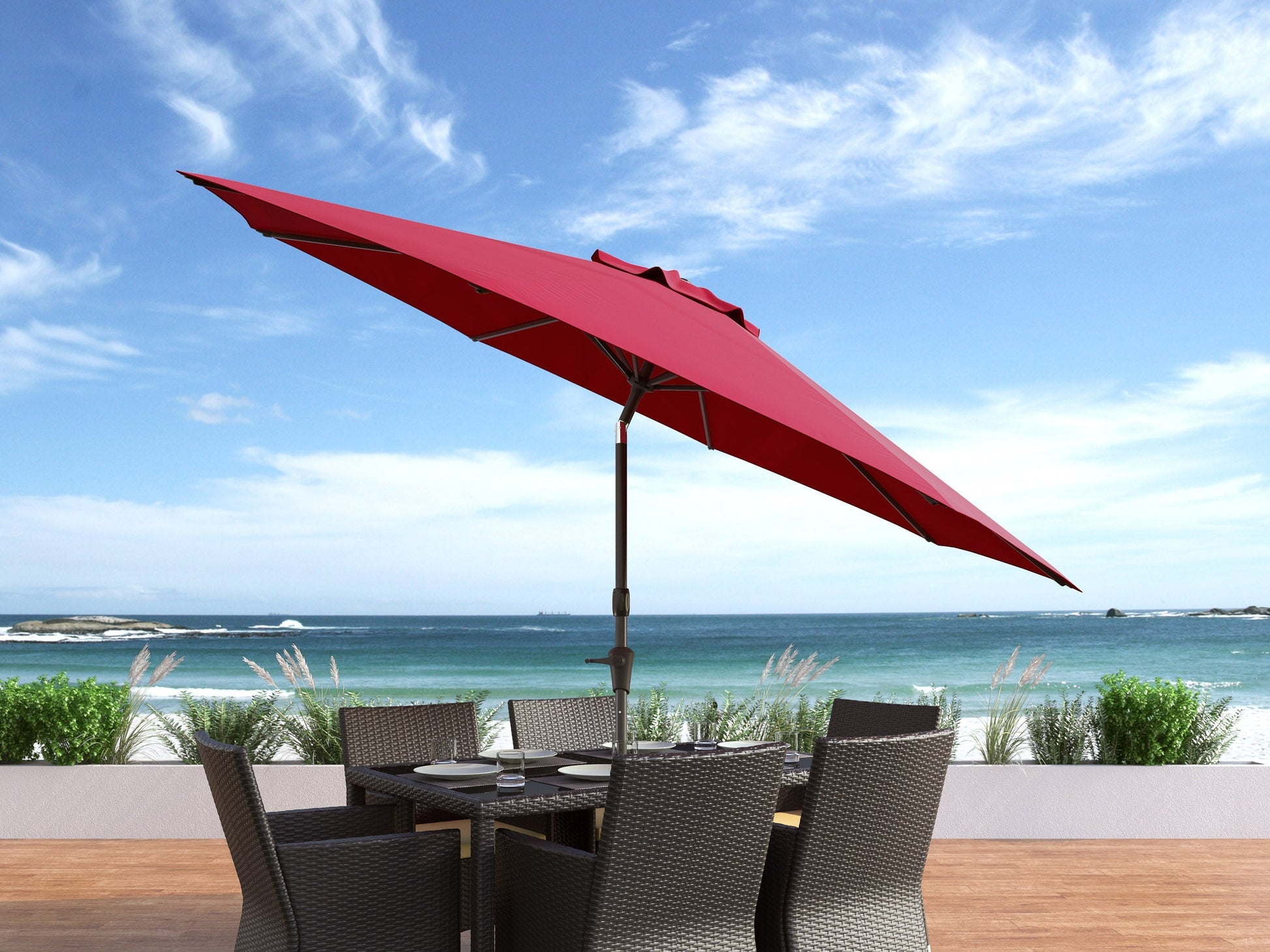 Wine red 10ft wind-resistant patio umbrella with durable fabric, adjustable tilt, and sturdy metal pole for outdoor use.