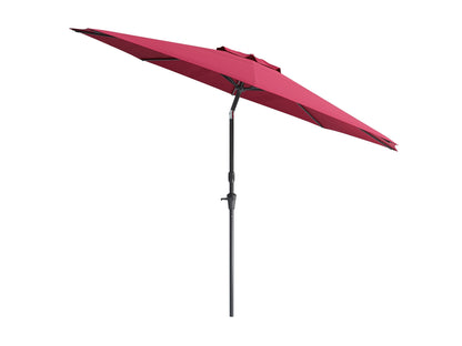 Wine red 10ft patio umbrella with wind-resistant design, sturdy pole, and adjustable tilt for outdoor use.