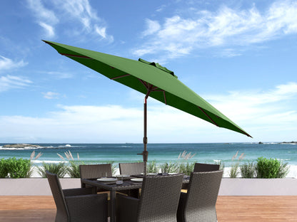 Forest green 10ft patio umbrella, wind-resistant design, durable fabric, sturdy pole, ideal for outdoor spaces.