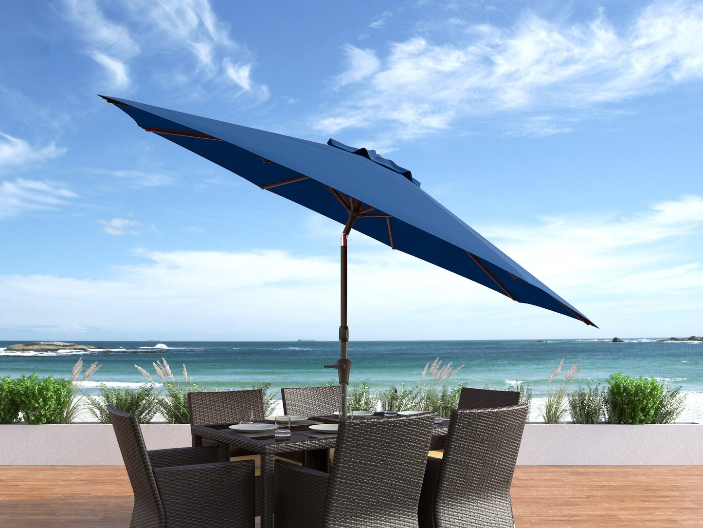 Cobalt blue 10ft patio umbrella with wind-resistant design and sturdy aluminum frame.