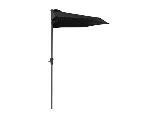 Black 8.5ft half umbrella with a sturdy metal frame and weather-resistant fabric for patio or balcony use.