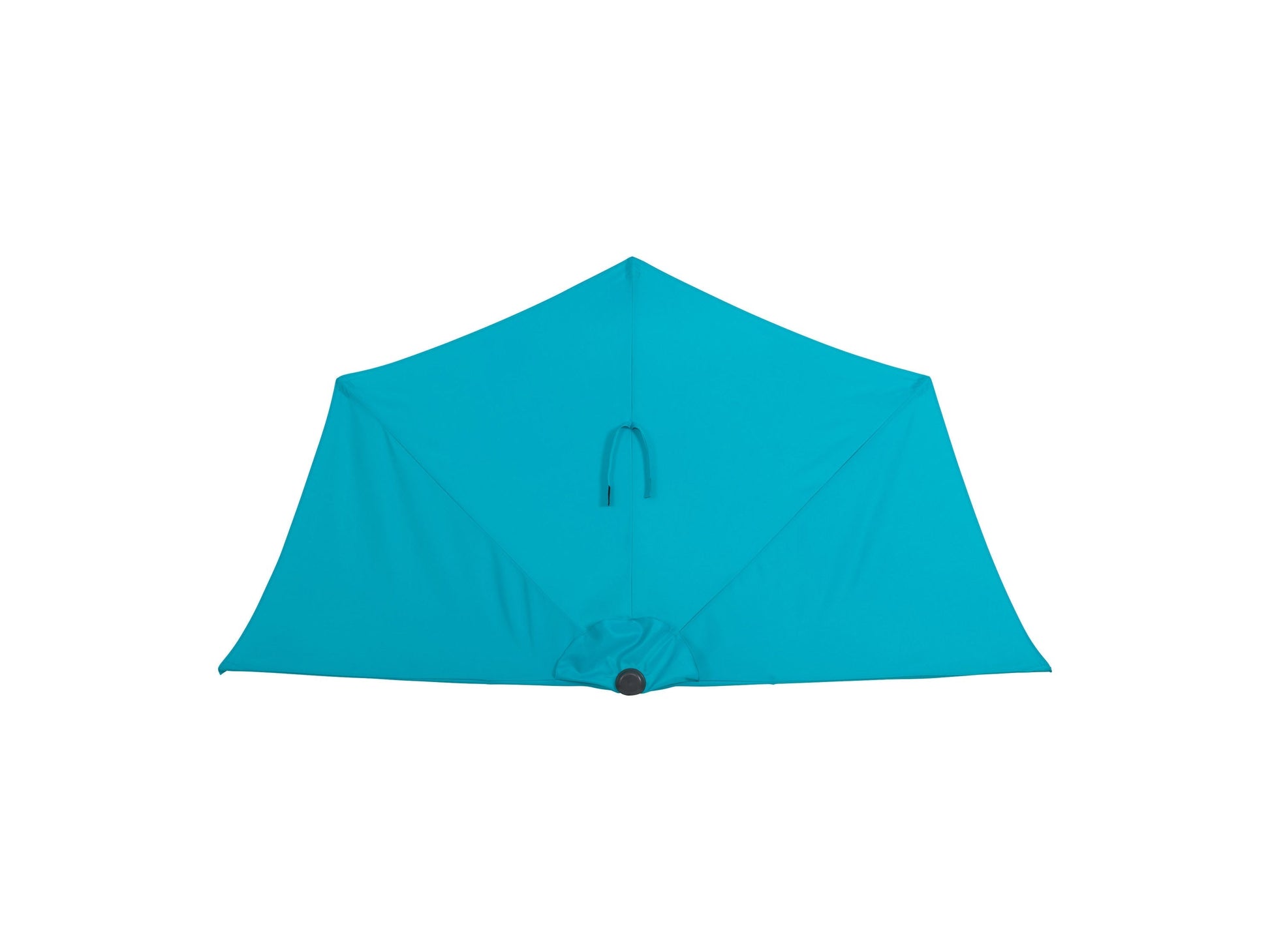 Turquoise half umbrella, 8.5ft, with UV-resistant fabric and sturdy black metal frame for small patios and balconies.