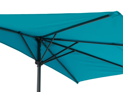 Turquoise 8.5ft half umbrella with UV protection, durable fabric, and crank handle for small outdoor spaces.