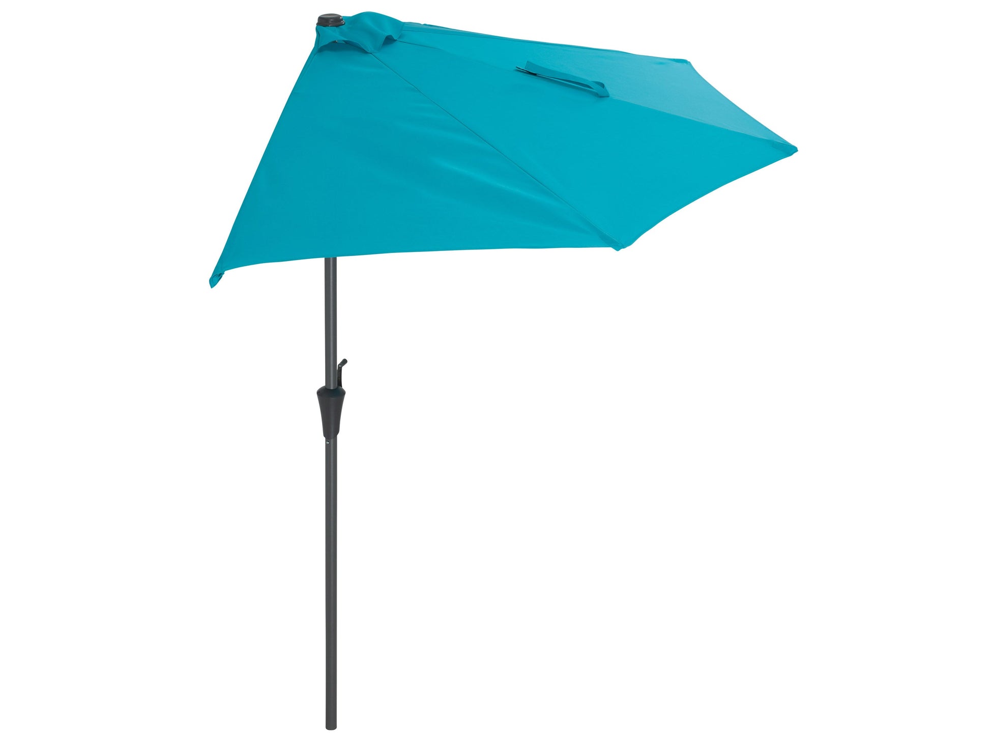 Turquoise 8.5ft half umbrella with UV protection, crank handle, and sturdy aluminum frame for patios and balconies.