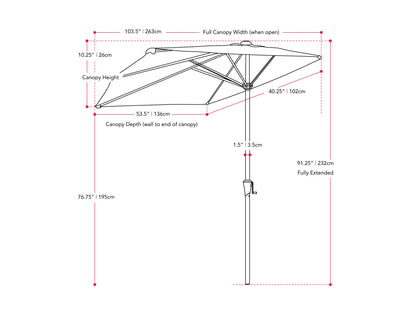 Turquoise half umbrella with UV protection, 8.5ft diameter, and sturdy black metal frame for patio or balcony use.