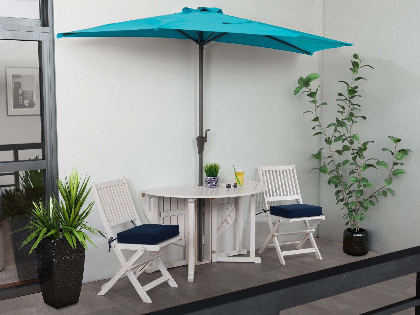 Turquoise 8.5ft half umbrella with crank handle, UV protection, and durable fabric for patios and balconies.