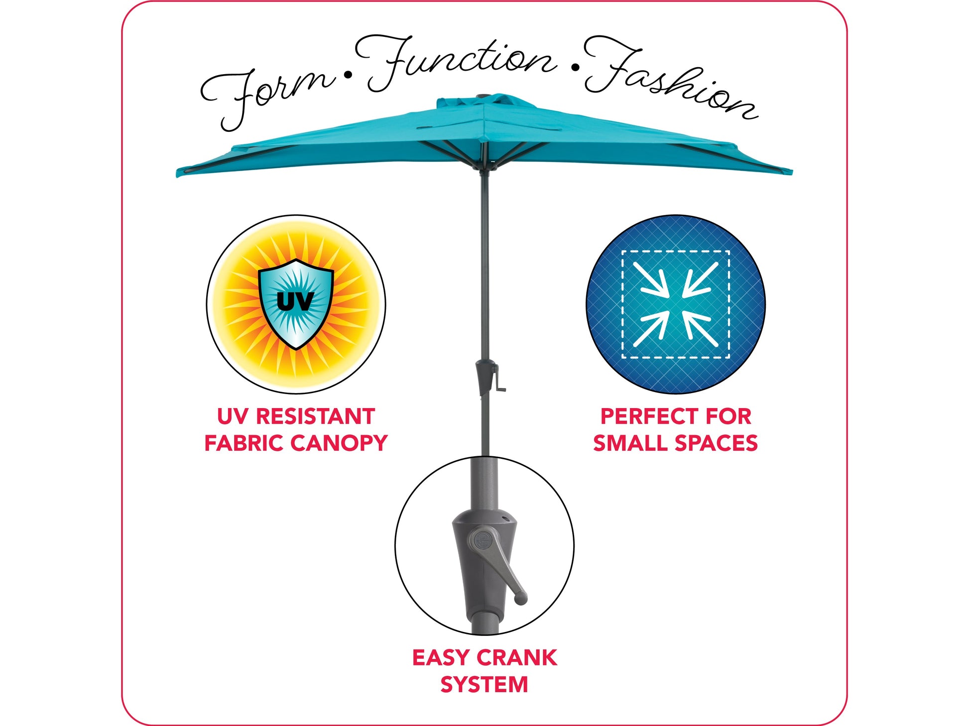 Turquoise half umbrella with UV protection, 8.5ft canopy, and durable aluminum frame for patios and balconies.