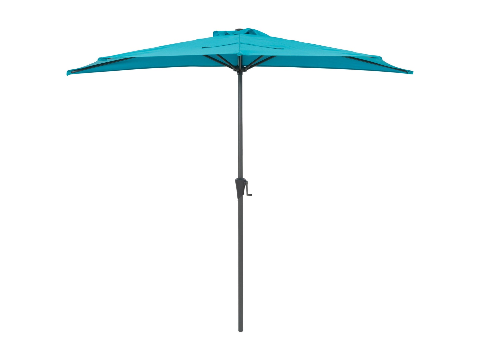 Turquoise 8.5ft half umbrella with UV protection, sturdy black frame, and crank handle for patio or balcony use.