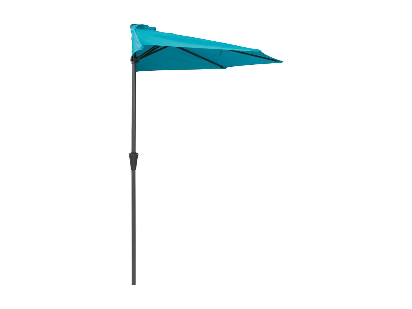 Half umbrella with turquoise canopy, 8.5ft, sturdy black metal frame, ideal for small patios and balconies.