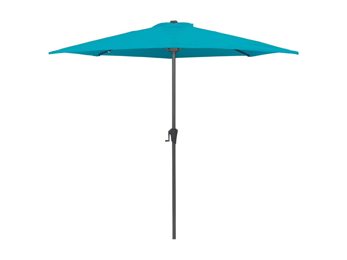 Turquoise half umbrella with 8.5ft span, UV protection, and crank lift for patios and balconies.