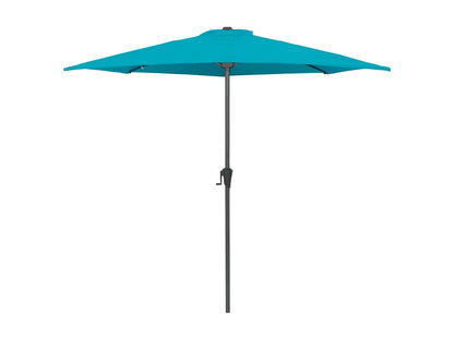 Turquoise half umbrella with 8.5ft span, UV protection, and crank lift for patios and balconies.