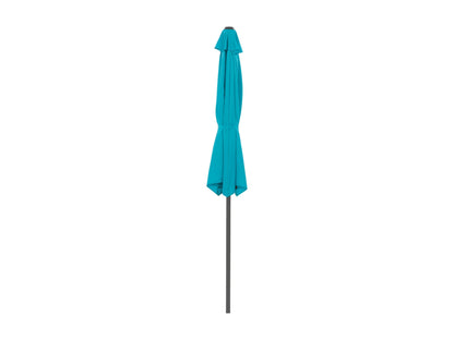 Turquoise half umbrella with UV protection, 8.5ft canopy, and crank lift system for patios and balconies.