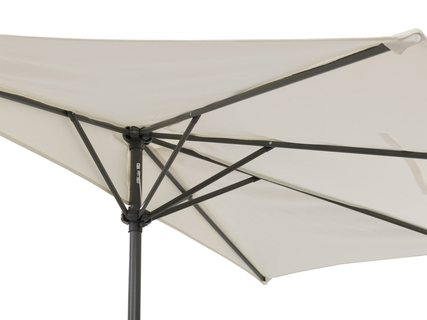 Off white 8.5ft half umbrella with UV protection, durable fabric, and sturdy metal frame for patio or balcony use.