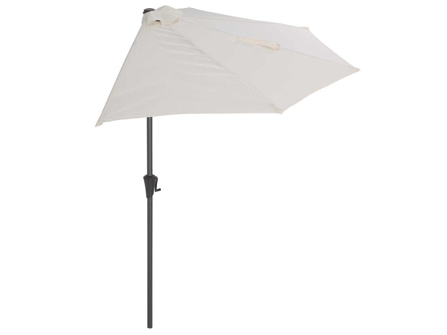 Off white 8.5ft half umbrella with durable fabric, aluminum frame, and crank handle for patio or balcony use.