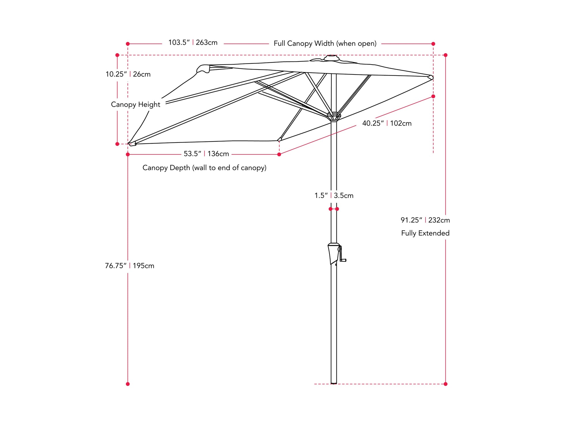 Off white 8.5ft half umbrella with durable fabric and sturdy metal frame for small outdoor spaces.