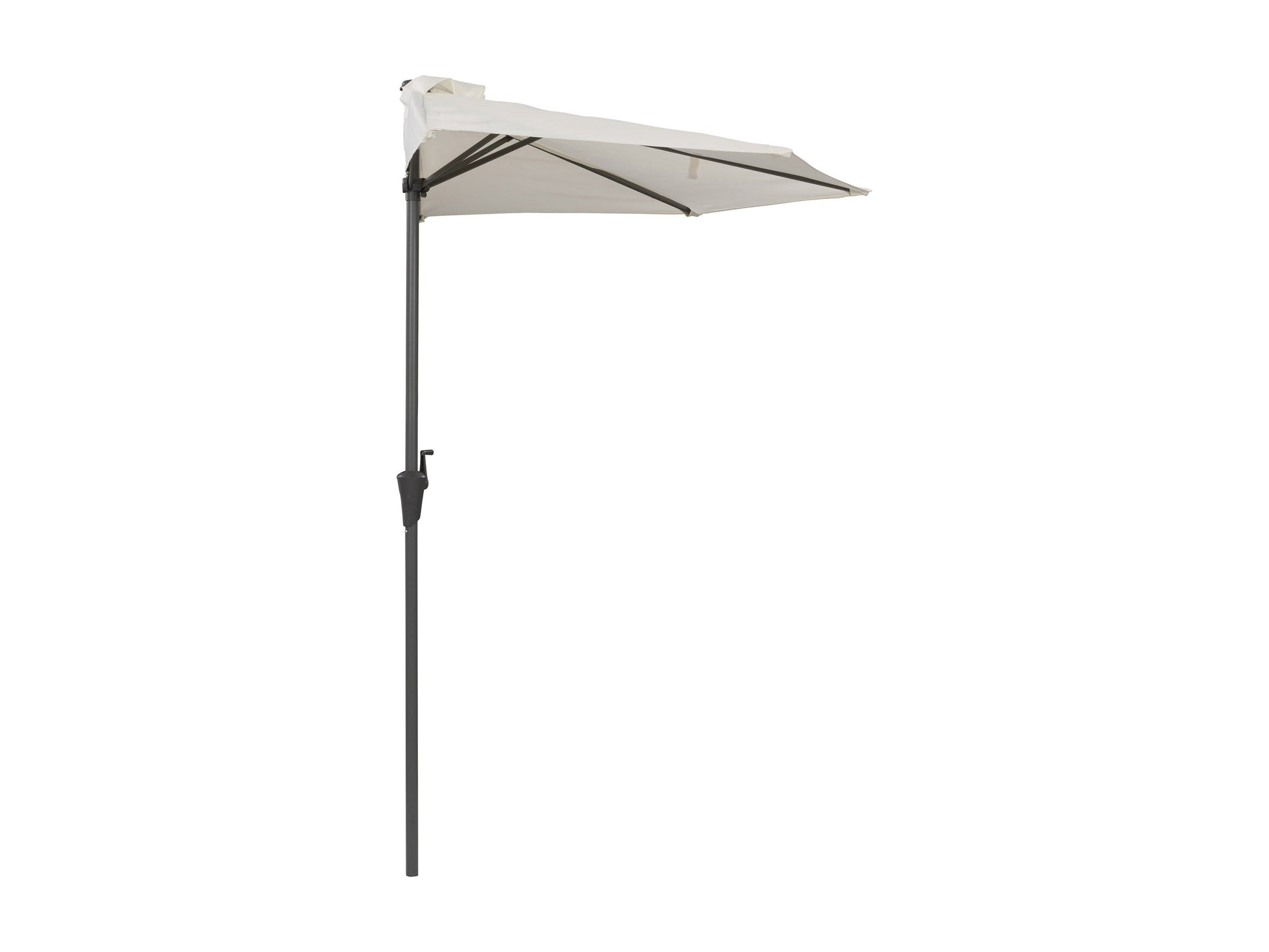 Off white half patio umbrella with 8.5ft canopy, durable fabric, and sturdy metal frame for outdoor shade.