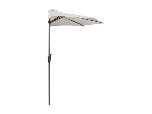 Off white half patio umbrella with 8.5ft canopy, durable fabric, and sturdy metal frame for outdoor shade.