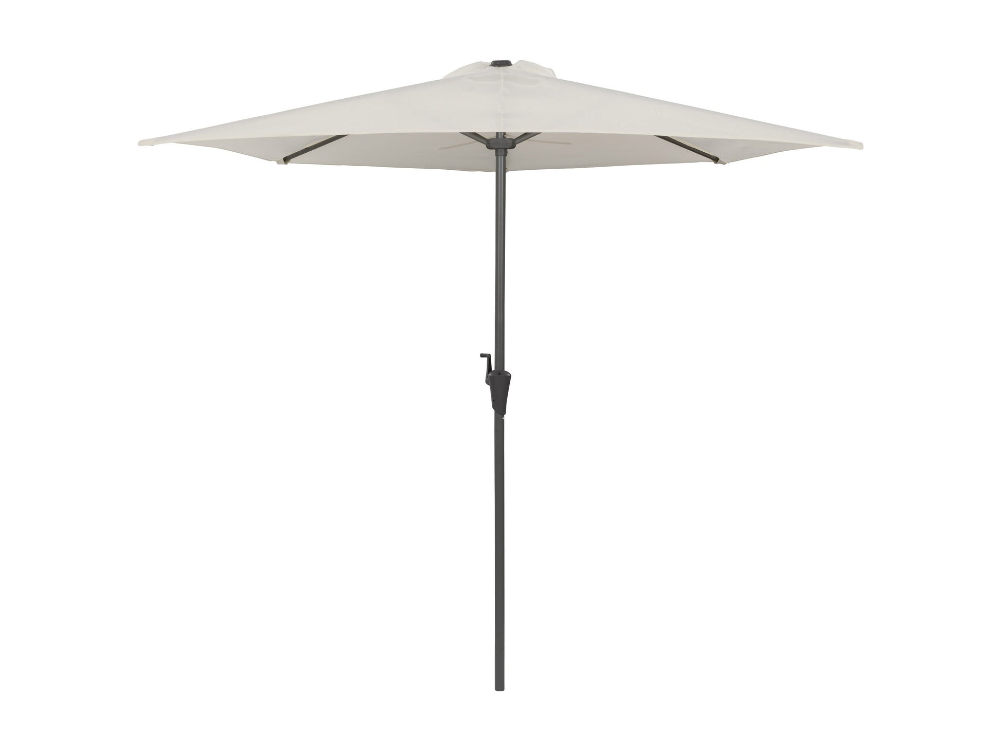 Off white 8.5ft half umbrella with UV protection, durable fabric, and sturdy metal frame for small outdoor spaces.