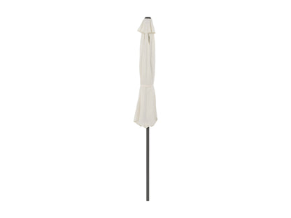 Off white 8.5ft half umbrella with durable canopy and sturdy frame for patio or balcony use.