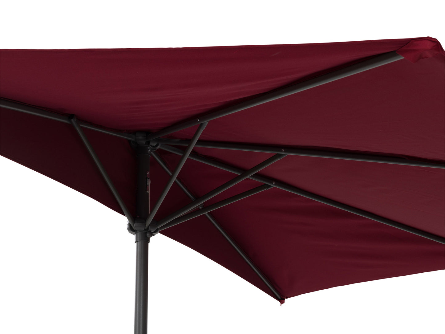 Red half umbrella with 8.5ft canopy, durable fabric, and sturdy metal frame, perfect for small outdoor spaces.