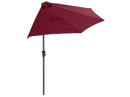 Red half umbrella with 8.5ft canopy, durable fabric, and sturdy metal frame for compact outdoor spaces.