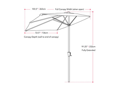 Red 8.5ft half umbrella with UV protection, durable polyester canopy, and sturdy steel frame for patios and balconies.