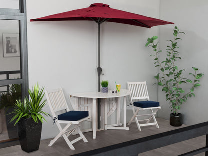 Red 8.5ft half patio umbrella with crank handle, UV-resistant fabric, and sturdy steel frame for outdoor spaces.