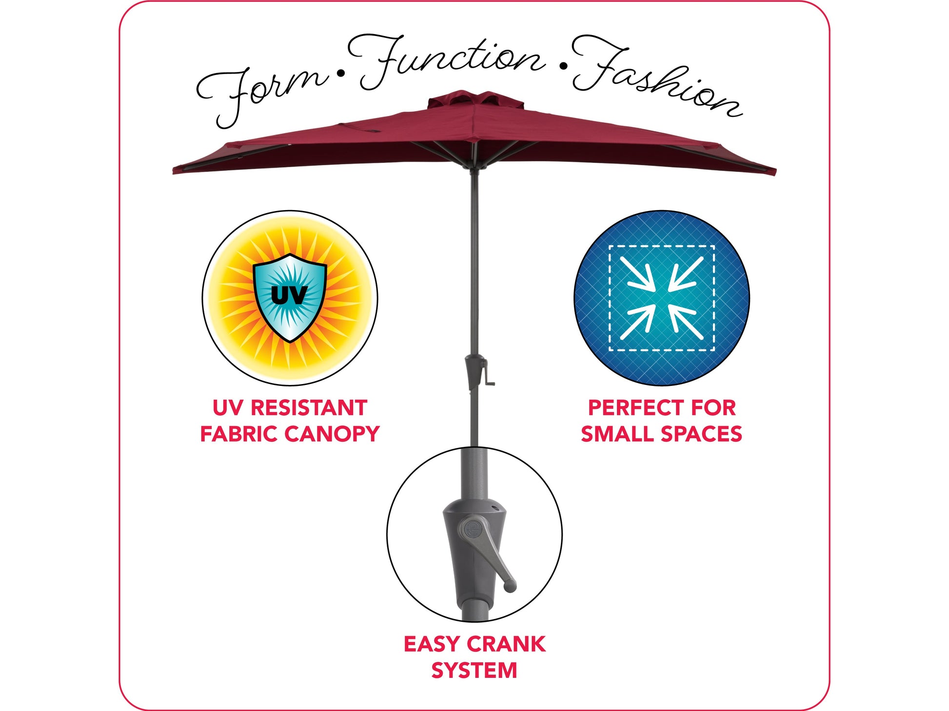 Red 8.5ft half umbrella with durable fabric, metal frame, and crank handle for small patios or balconies.