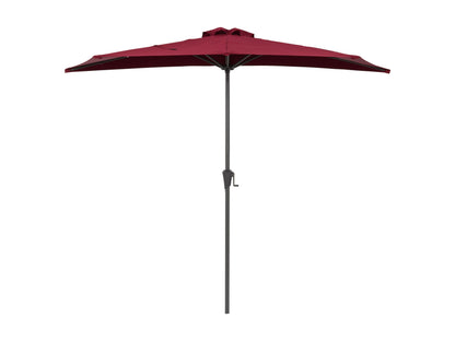 Red 8.5ft half umbrella with durable fabric, sturdy metal frame, and crank lift for patios and small outdoor spaces.