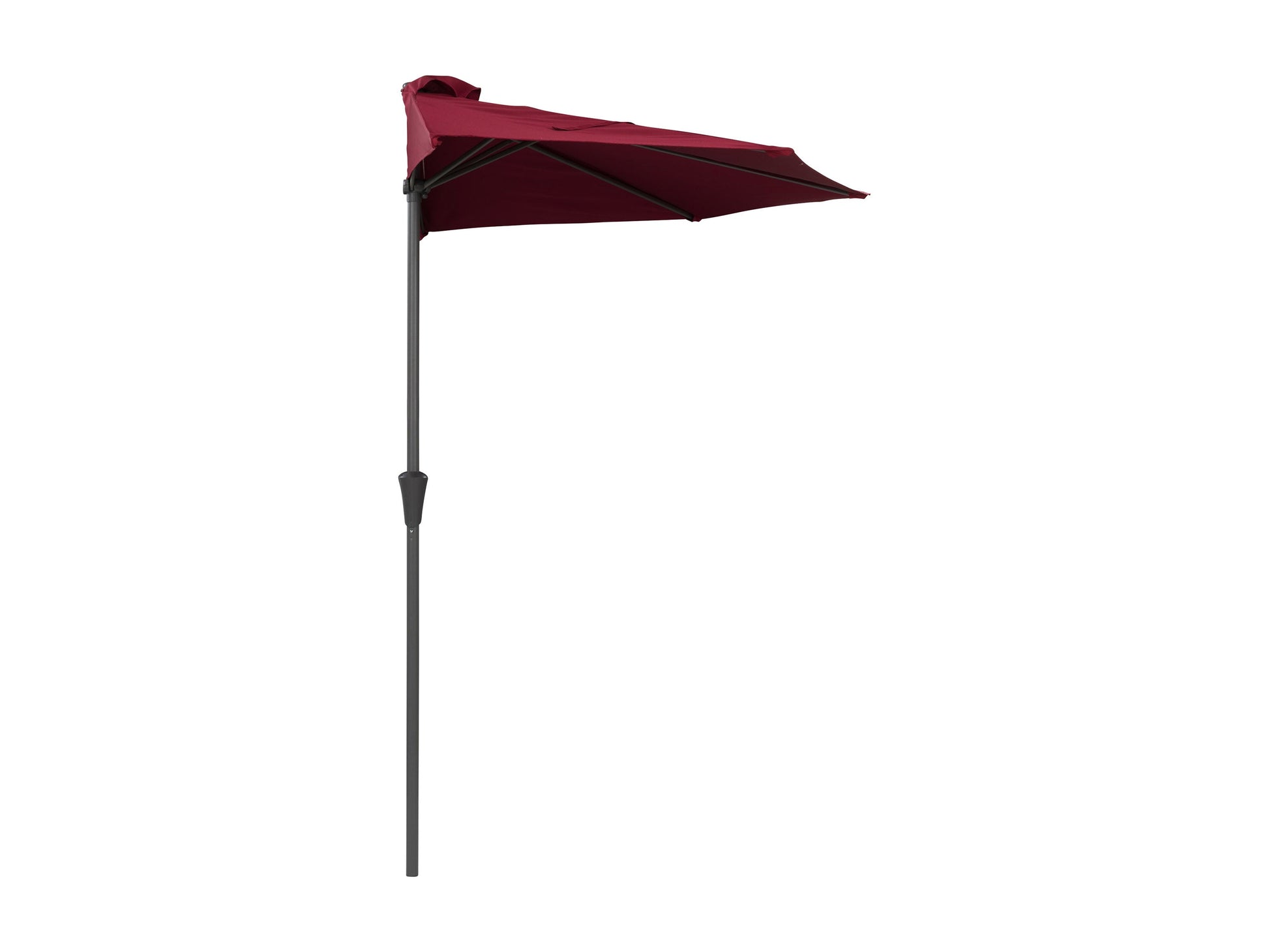 Red half umbrella with 8.5ft canopy, sturdy metal frame, and crank handle for patio or balcony use.