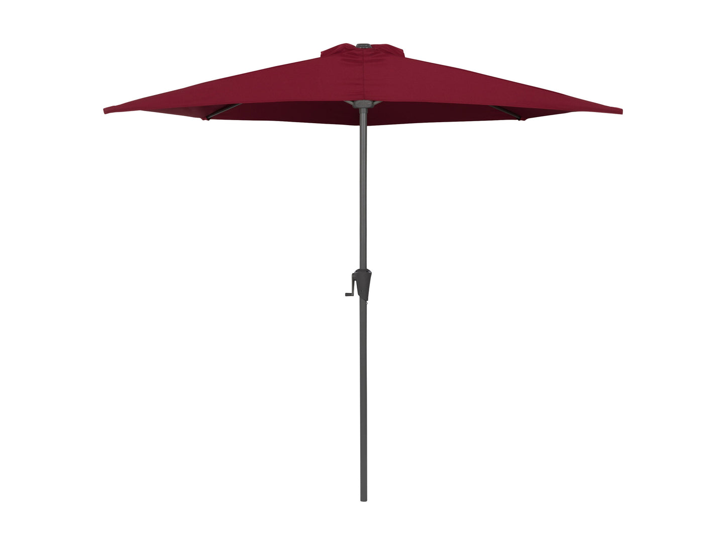 Red half patio umbrella with UV protection, 8.5ft canopy, and sturdy black metal frame for outdoor use.