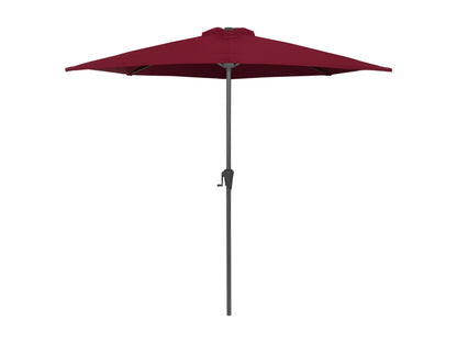 Red half patio umbrella with UV protection, 8.5ft canopy, and sturdy black metal frame for outdoor use.