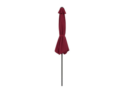 Red half umbrella with 8.5ft canopy, aluminum frame, and crank lift for patios and balconies.