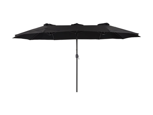 Double black patio umbrella with 15ft canopy, durable fabric, and sturdy metal frame for outdoor shade.