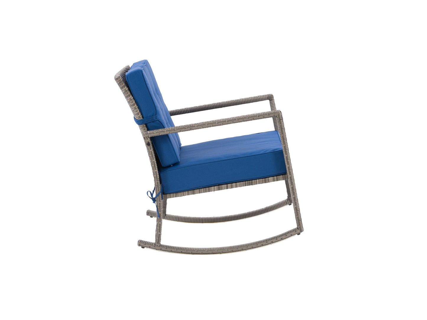 Grey and blue wicker outdoor rocking chair with cushioned seat, ergonomic design, and durable weather-resistant materials.