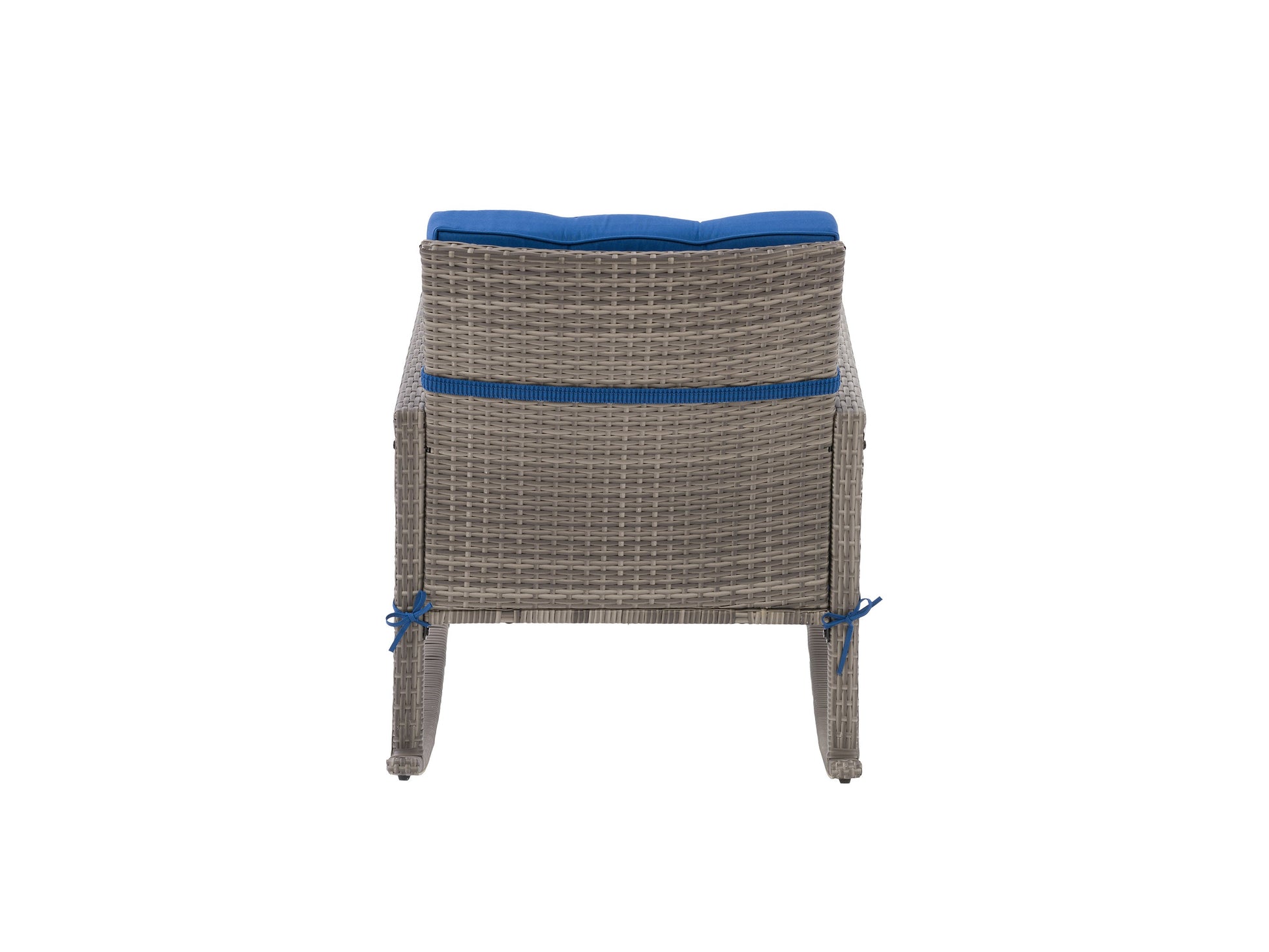 Grey and blue wicker outdoor rocking chair with comfortable cushions and sturdy frame for patio lounging.