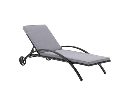 Black and grey outdoor wicker lounge chair with cushions, curved design, and sturdy metal frame.