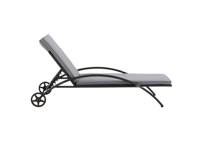 Black and grey outdoor wicker lounge chair with plush cushions and a sturdy aluminum frame.