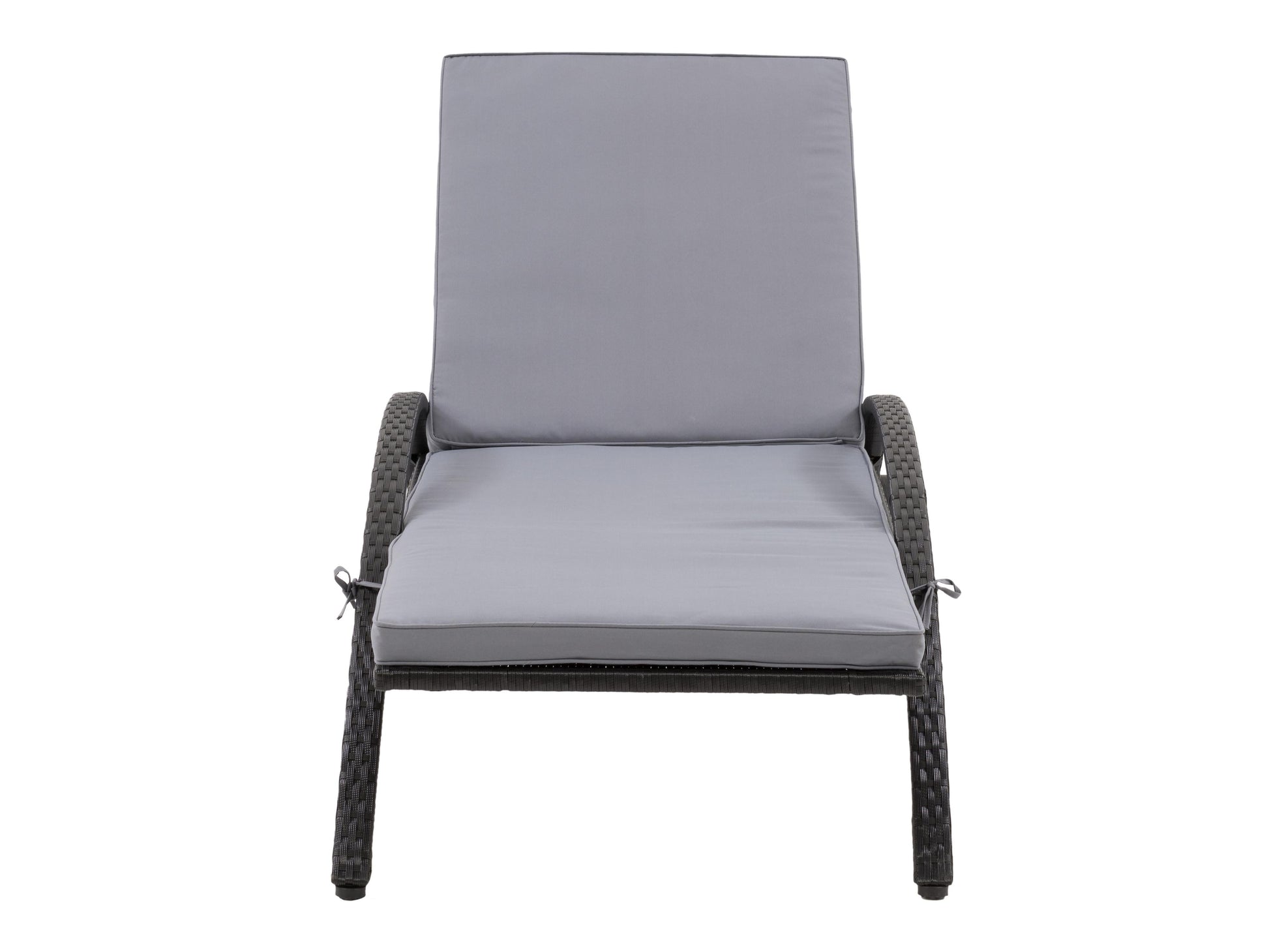 Outdoor black and grey wicker lounge chair with plush cushions and durable frame, perfect for patio relaxation.