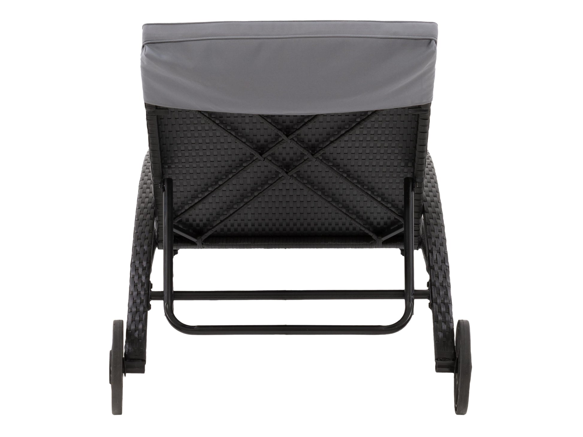 Black and grey outdoor wicker lounge chair with cushioned seat and backrest, perfect for patio relaxation.