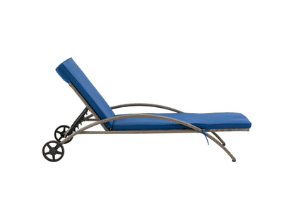 Grey and blue outdoor wicker lounge chair with plush cushions, durable frame, and modern design.