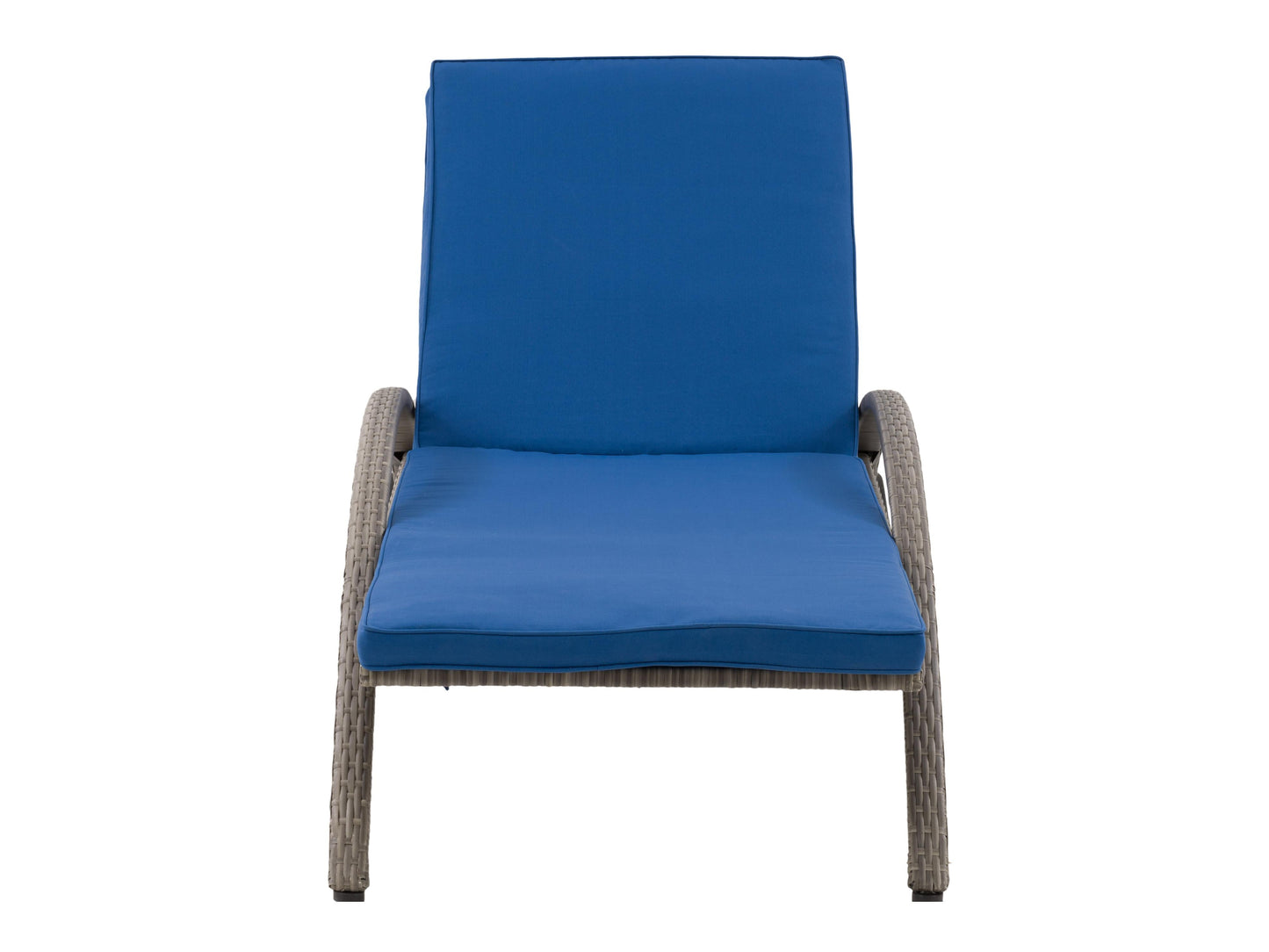 Grey and blue outdoor wicker lounge chair with plush cushions and a sturdy aluminum frame.